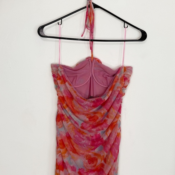 Zara Blogger Favorite Printed Tulle Floral Halter Sheer Dress, Pink Orange sz L - Picture 7 of 10